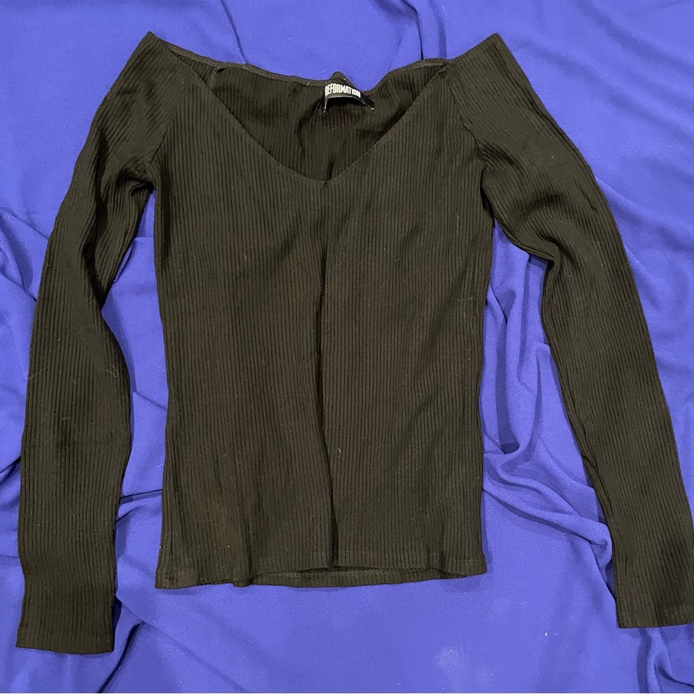 Reformation Black Ribbed Off-Shoulder Top